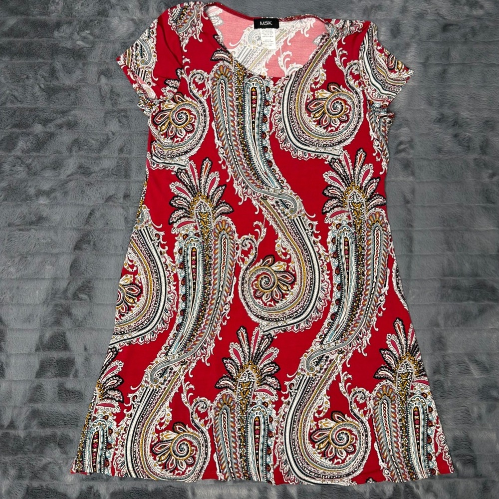 MSK Womens Red Paisley Print Short Sleeve Shift Dress Large 3229491D